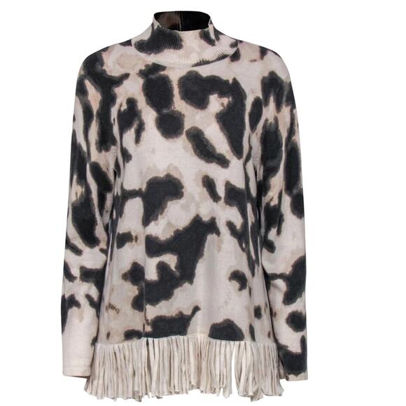 Tyler Boe Mock Neck Fringed Leopard Print Cashmere Blend Sweater sz LG - Picture 1 of 3